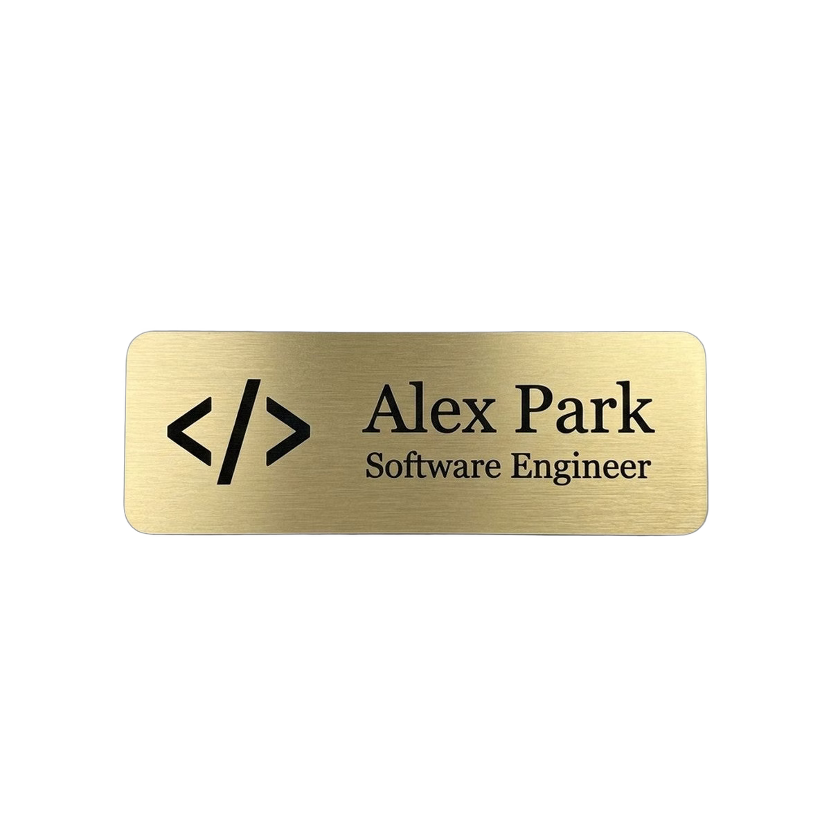 Tech Startup Name Tag — Engineer / PM / Designer (Custom) — LAMOSE custom laser-engraved professional name tag, Trotec Trolase two-layer acrylic laminate (1.5 × 3 in.) in Brushed Gold with Black engraving, made in Calgary, Canada since 2017.