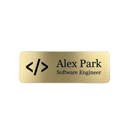 Tech Startup Name Tag — Engineer / PM / Designer (Custom) — LAMOSE custom laser-engraved professional name tag, Trotec Trolase two-layer acrylic laminate (1.5 × 3 in.) in Brushed Gold with Black engraving, made in Calgary, Canada since 2017.