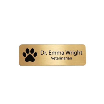 Veterinary Clinic Name Tag — Vet / Tech / Assistant (Custom) — LAMOSE custom laser-engraved professional name tag, Trotec Trolase two-layer acrylic laminate (1.5 × 3 in.) in Brushed Gold with Black engraving, made in Calgary, Canada since 2017.