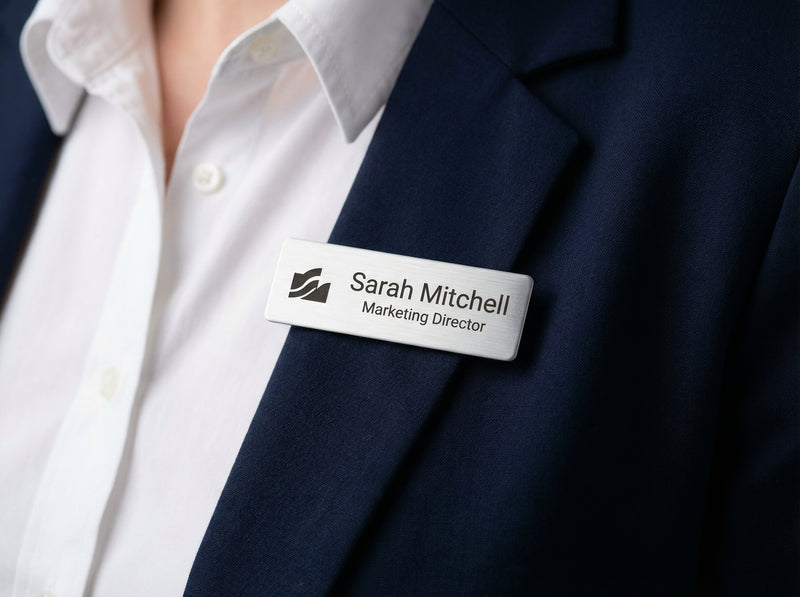 Professional magnetic name tag close-up on navy blazer