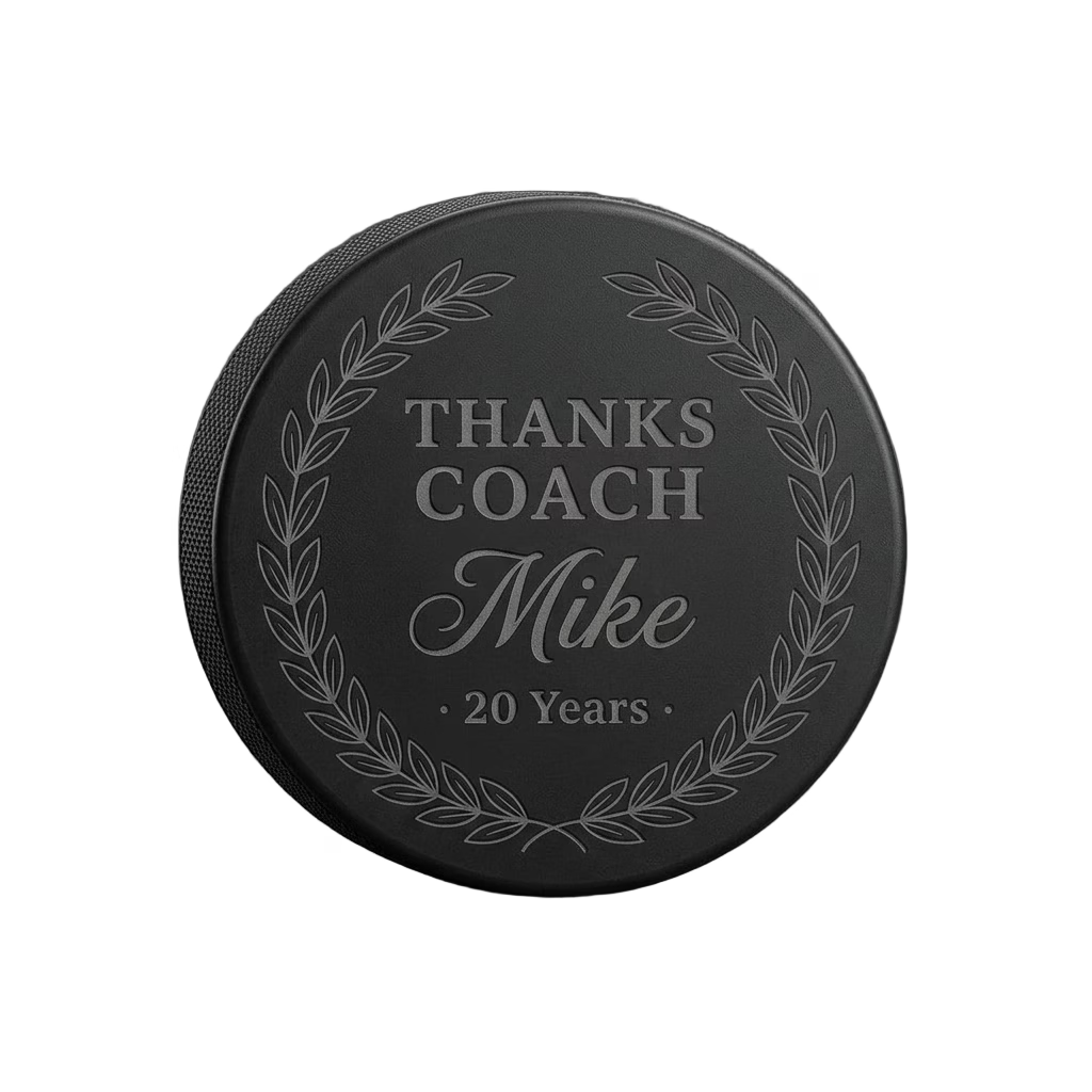 "Thanks Coach" Years of Service Engraved Hockey Puck — laser-engraved hockey puck, tonal black-on-black engraving on vulcanized rubber, made in Calgary