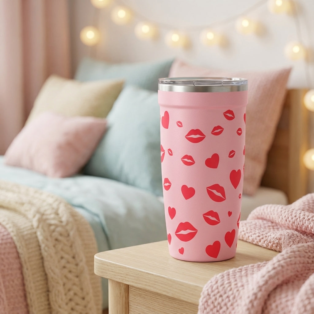 Pink Peyto 16oz insulated tumbler with red lips and hearts pattern sitting on a wooden bedside table with soft pillows in background.