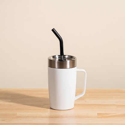 LAMOSE Louise 18 oz insulated snow white tumbler with a stainless steel lid, black bent straw, and comfortable handle, front view.