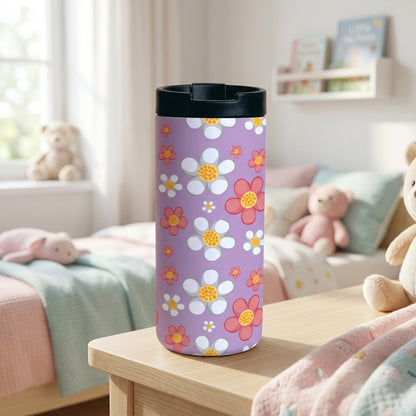 Grouse 12 oz insulated tumbler featuring a light purple background with a white and pink daisy floral pattern and a black leakproof lid