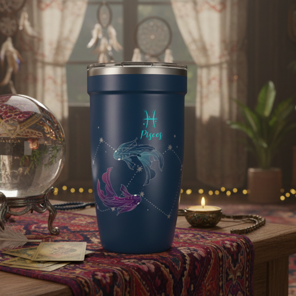 Matte dark blue 16oz insulated tumbler featuring teal and purple Pisces fish yin yang design with constellation stars and silver lid