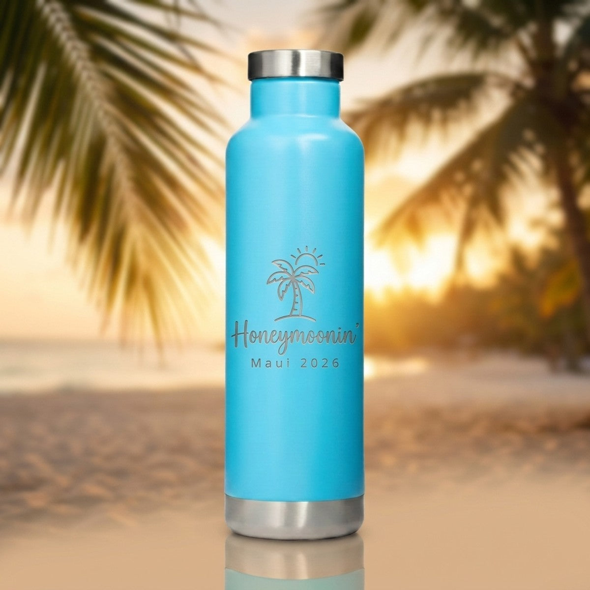 "Honeymoonin’" Personalized Moraine 20oz Travel Bottle — Sky Blue