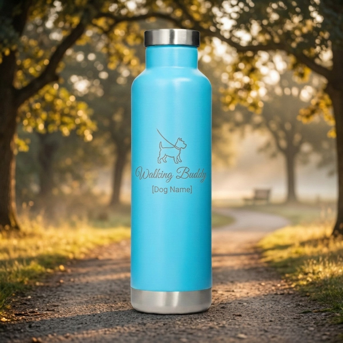 "Walking Buddy" + Dog Name Engraved Moraine 20oz Bottle — Sky Blue