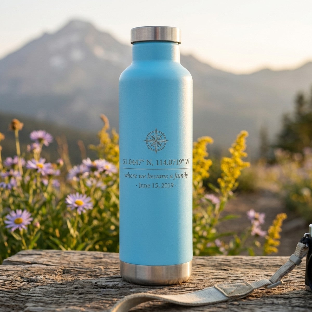 Coordinates "Where We Became a Family" Engraved Moraine 27oz Bottle — Sky Blue