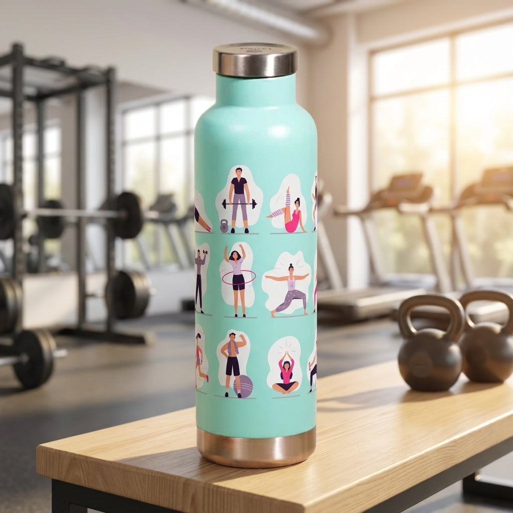 Turquoise Moraine 27 oz water bottle featuring a pattern of illustrations showing people doing yoga, weightlifting, and running.