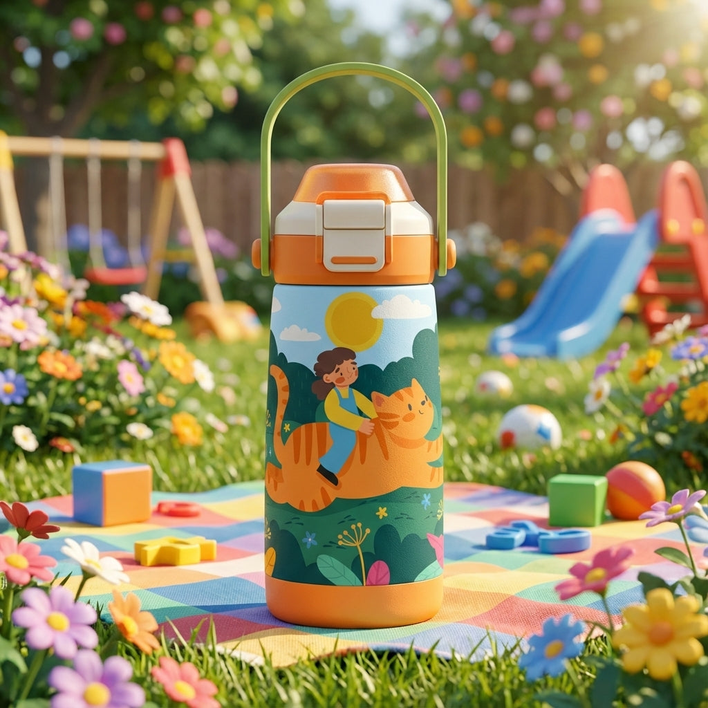 LAMOSE Goose 14oz kids water bottle featuring a cartoon girl riding a tiger against a sunny landscape, orange base and light green handle.