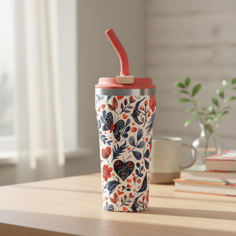 Beige 16oz insulated tumbler featuring a red and navy butterfly and heart pattern with a soft coral lid and matching straw.