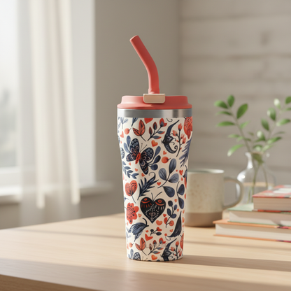 Beige 16oz insulated tumbler featuring a red and navy butterfly and heart pattern with a soft coral lid and matching straw.
