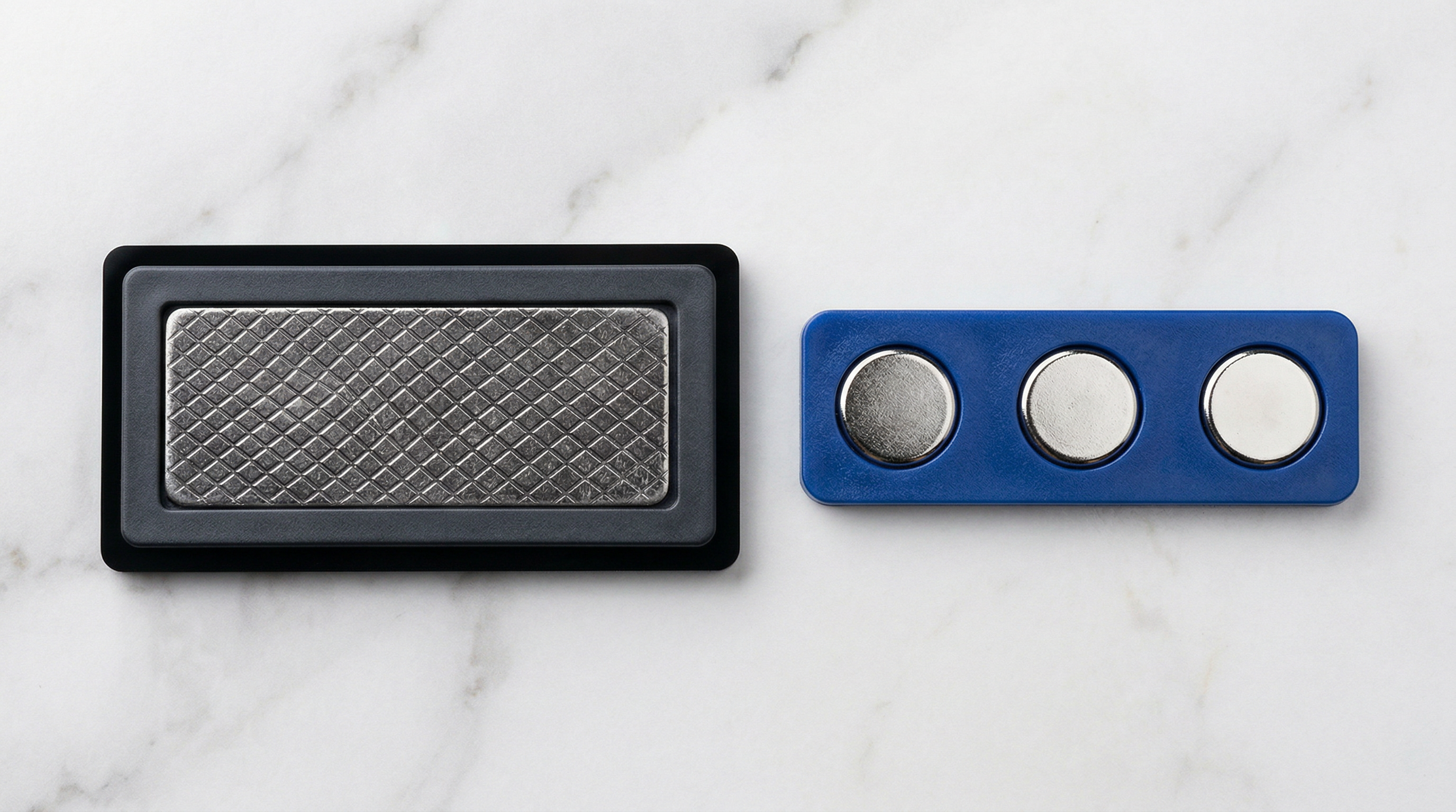 Magnetic name tag backing system - 3 neodymium magnets on blue backer with cross-hatch metal plate
