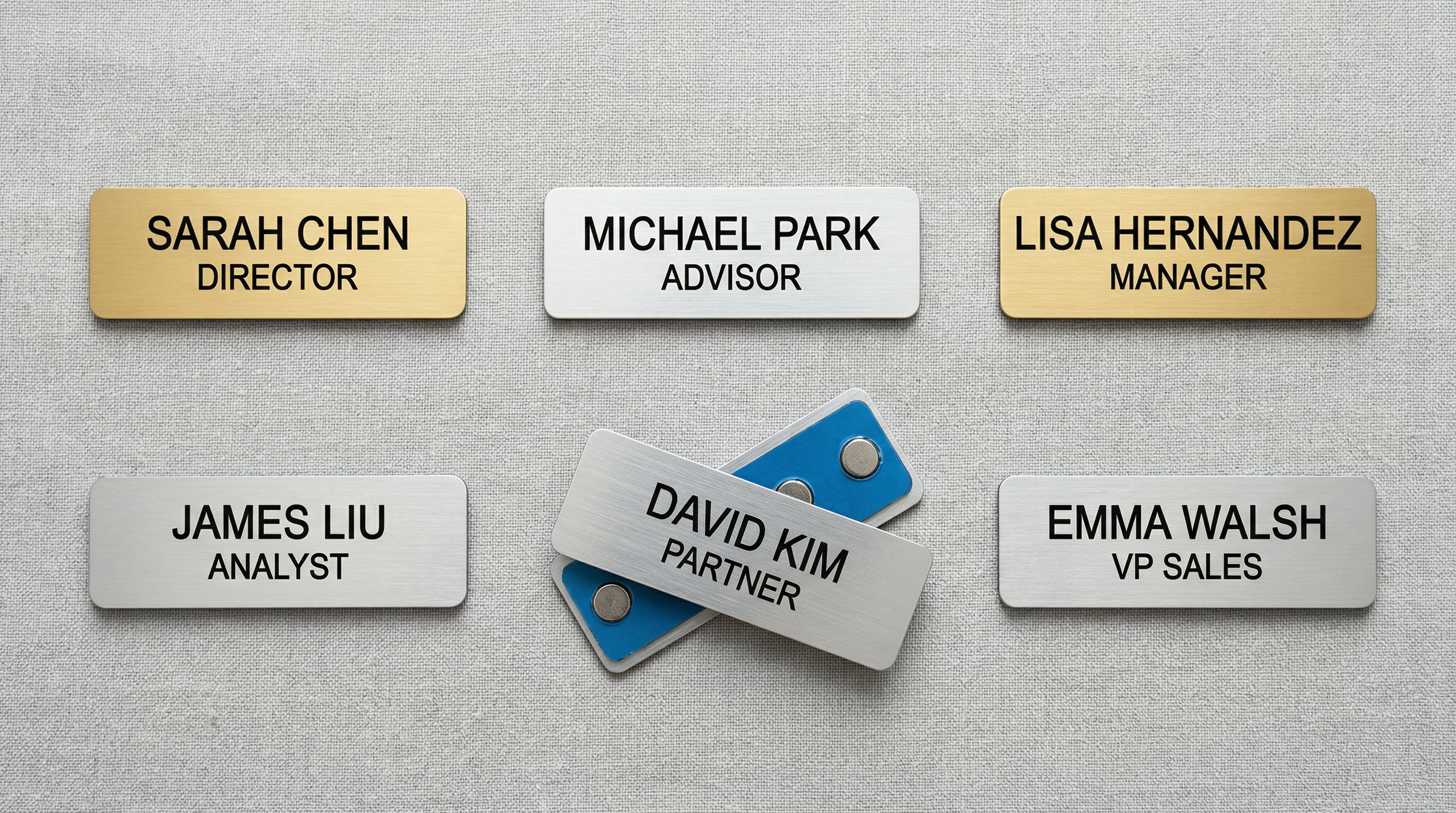 Set of 6 laser-engraved name tags in gold and silver finishes with magnetic backing