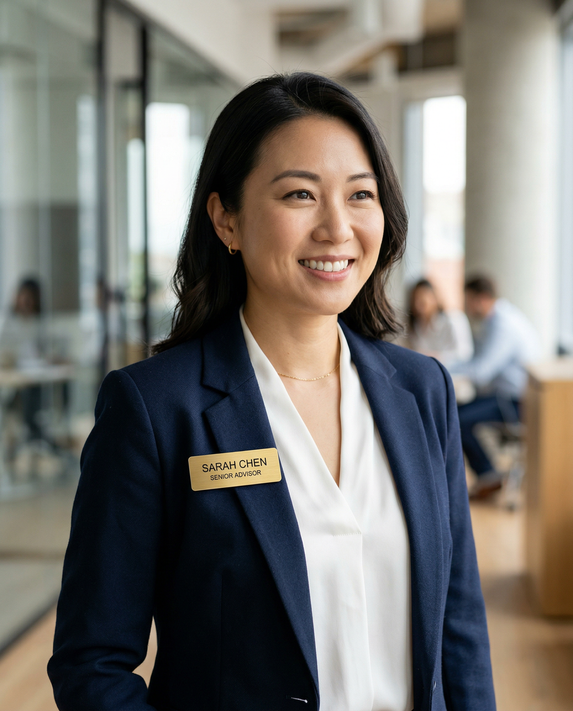 Professional woman wearing gold laser-engraved name tag on navy blazer
