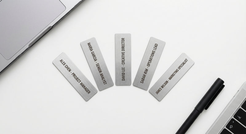 TroLase Metallic name tag close-up