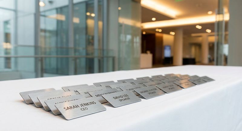 TroLase Metallic name tag close-up