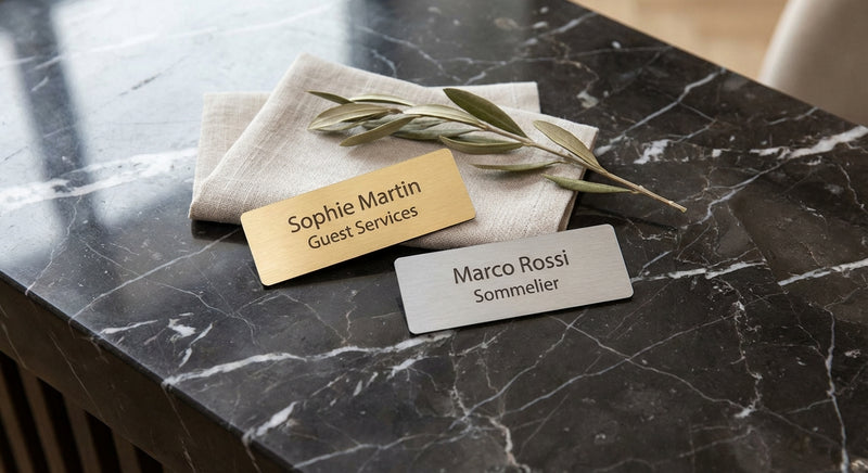 TroLase Metallic name tag close-up