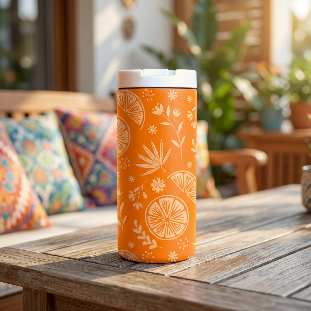 Grouse 12 oz orange insulated tumbler featuring a white citrus fruit and floral pattern sitting on a wooden table outdoors.