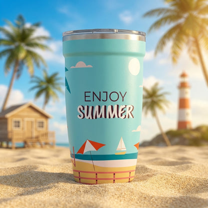 Light blue Peyto 16 oz travel cup featuring a 5D printed beach scene with palm trees, sailboats, and 'Enjoy Summer' typography.