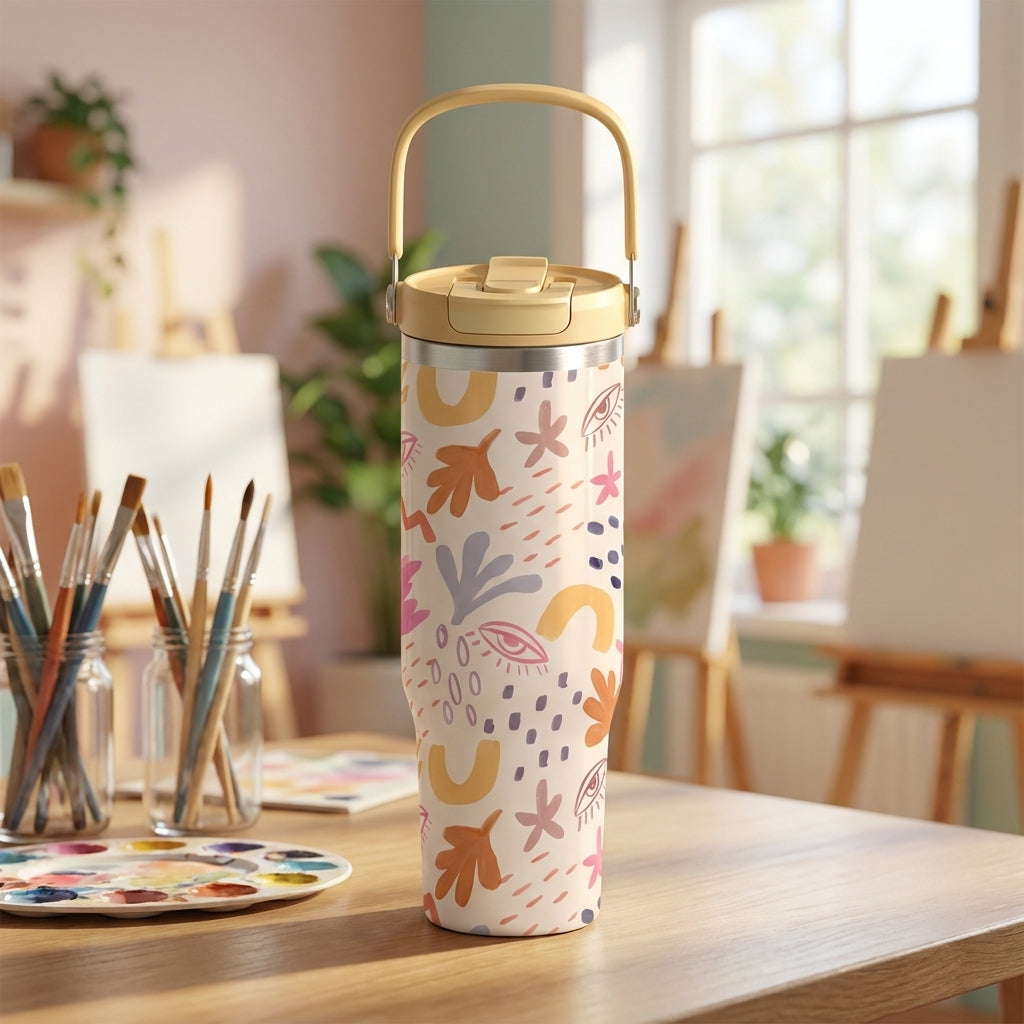 Beige 40oz tumbler with handle featuring abstract bohemian pattern of eyes, leaves, and flowers in orange and pink