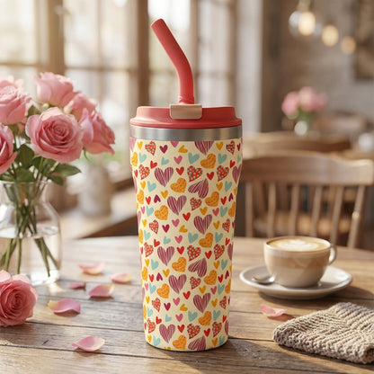 LAMOSE Bow 16oz insulated tumbler with beige finish featuring colorful textured hearts in red pink and blue with coral straw and lid.