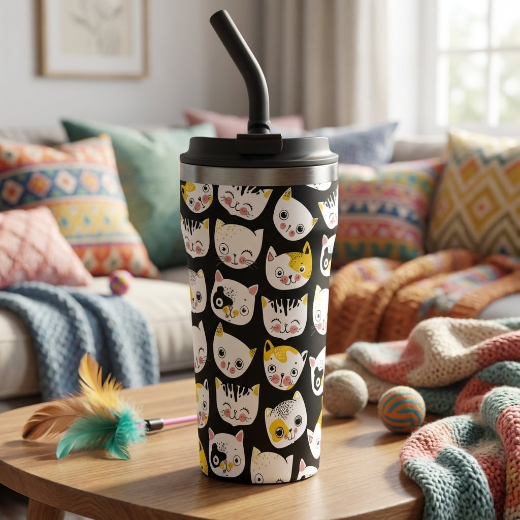 A sleek black 16 oz insulated tumbler featuring a pattern of cute cartoon cat faces in white, grey, and yellow, with a black straw.
