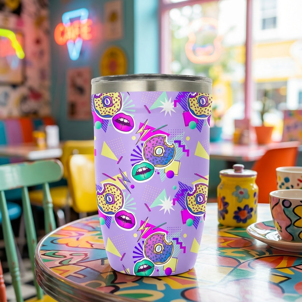 LAMOSE Peyto 12 oz insulated mug featuring a light purple background with a pop art pattern of donuts, lips, and lightning bolts.