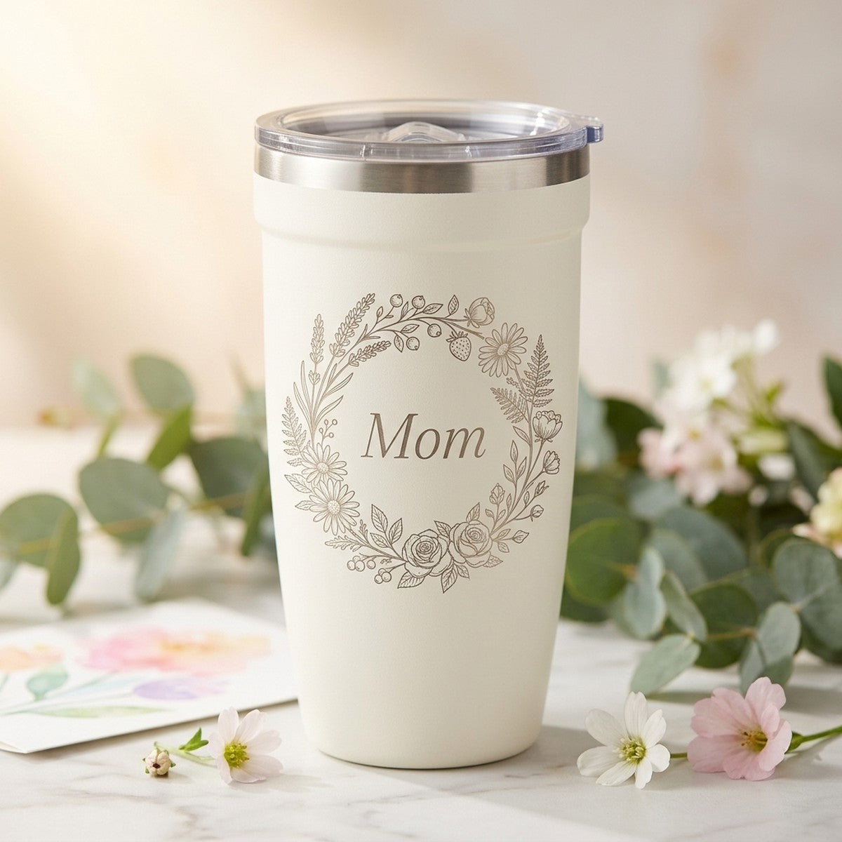 Botanical Wreath "Mom" Engraved Peyto 16oz Insulated Tumbler — Snow — personalized Mother's Day gift engraved in Calgary, Canada