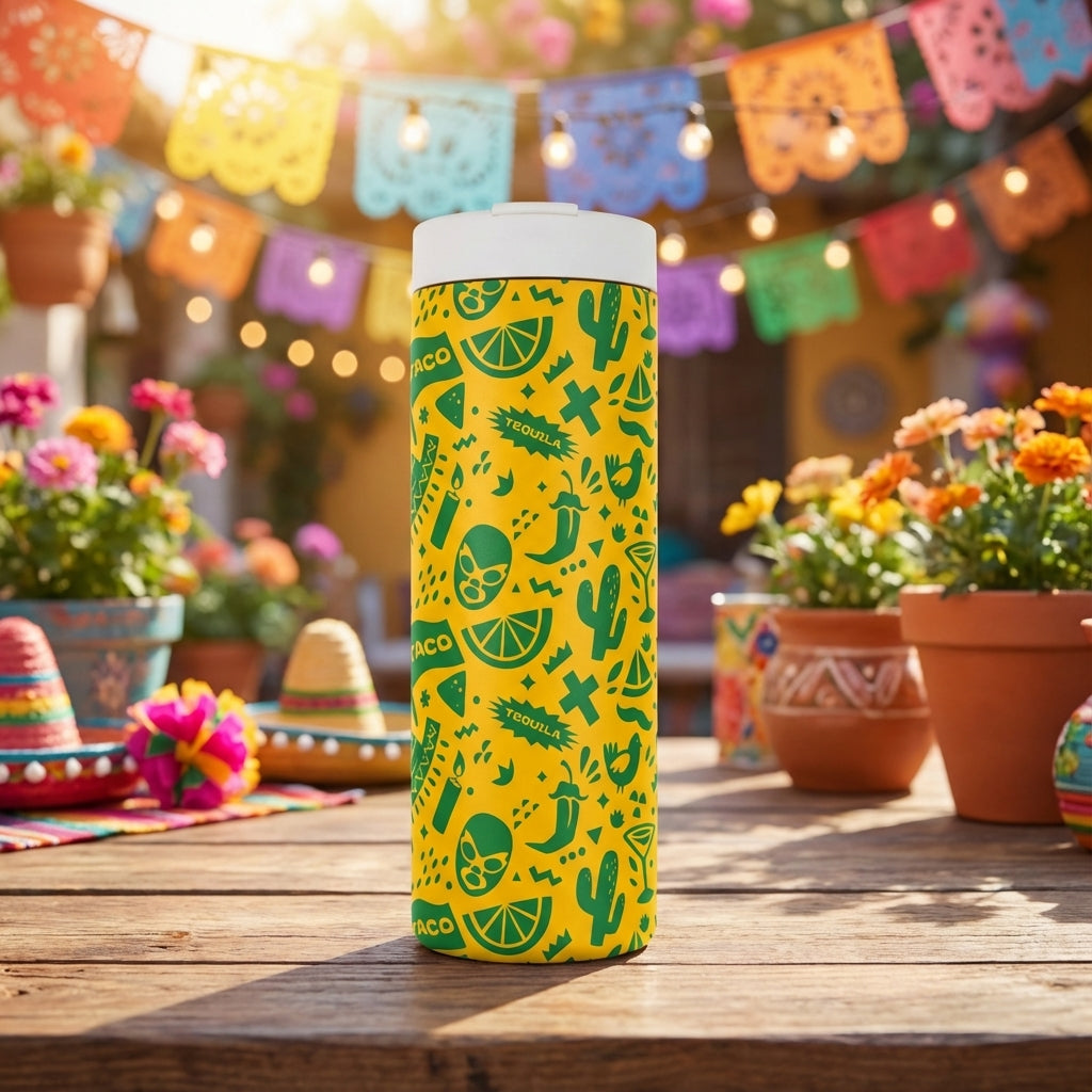 Yellow 16oz insulated tumbler featuring a festive pattern of tacos, tequila, cacti, and chili peppers