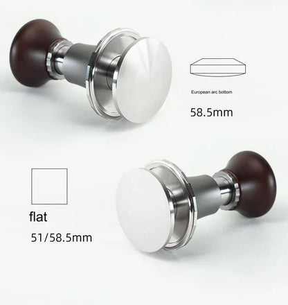Premium espresso tamper with ergonomic wooden handle, stainless steel base, and European arc bottom design for even coffee distribution. Available in 51mm and 58.5mm flat or arc bottom options.