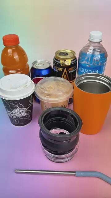 Logan Pro All-in-One versatile insulated drink holder with multiple lids, compatible with coffee cups, soda cans, energy drinks, bottled water, and tumblers for hot and cold beverages.