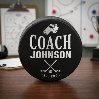 "Coach [Name] Est." Engraved Hockey Puck — Career Milestone
