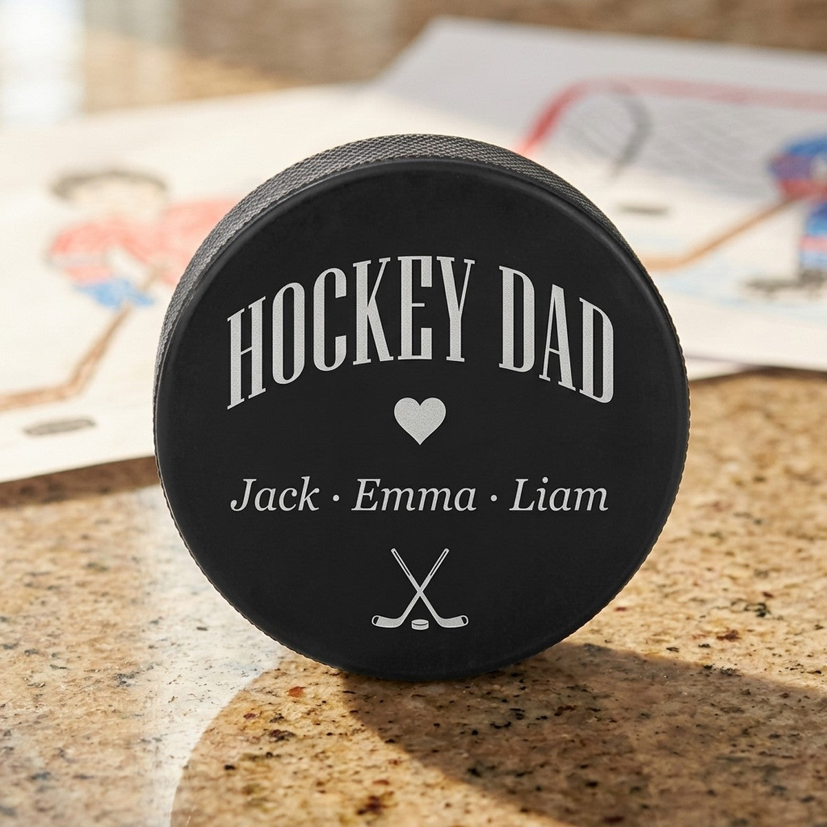 "Hockey Dad" + Kids' Names Engraved Hockey Puck