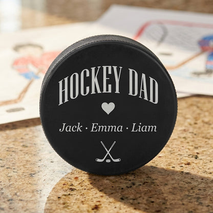 "Hockey Dad" + Kids' Names Engraved Hockey Puck