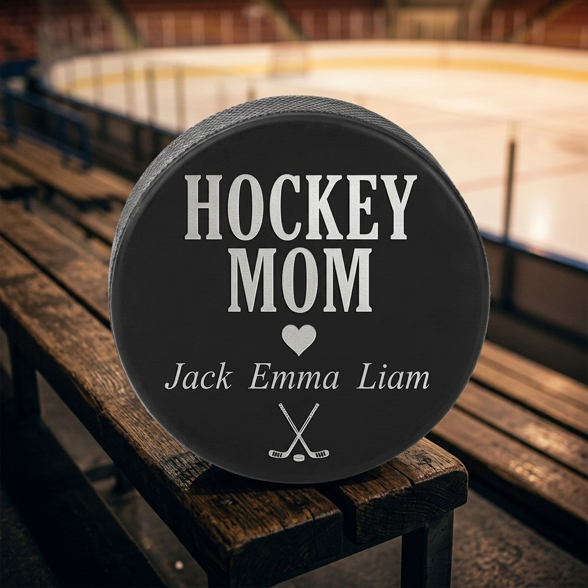 "Hockey Mom" + Kids' Names Engraved Hockey Puck