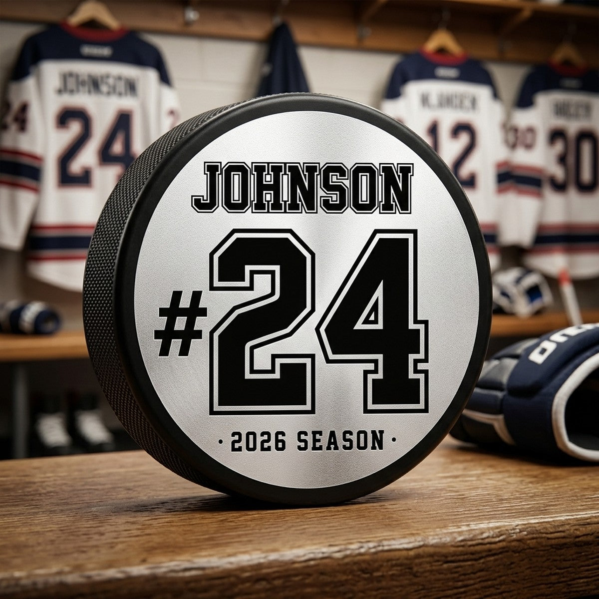 Player Name + Jersey Number Engraved Hockey Puck — Custom