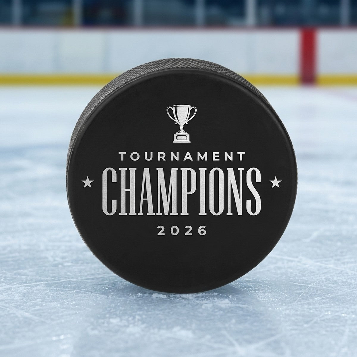 "Tournament Champions 2026" Engraved Hockey Puck — Team Award