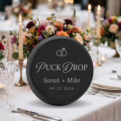 "Puck Drop" Wedding Favor Engraved Hockey Puck