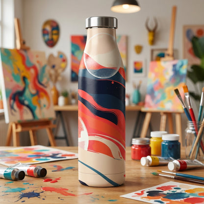 Robson 21 oz insulated bottle with matte beige, navy, and orange abstract wave pattern sitting on a wooden art studio desk surrounded by paintbrushes.