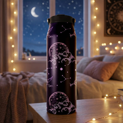 34oz black and purple insulated water bottle featuring a celestial pattern of moons, clouds, and stars.