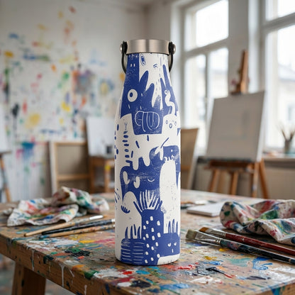 LAMOSE Robson 21 oz insulated water bottle featuring a white body with dark blue hand-drawn abstract animals, plants, and geometric shapes, topped with a silver lid and black handle.