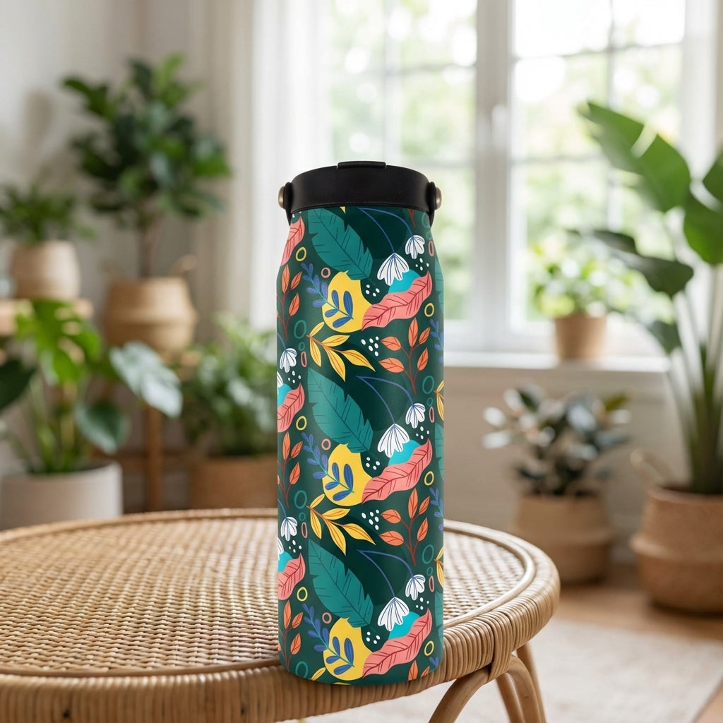 LAMOSE Grouse 34 oz insulated bottle featuring a dark green background with a vibrant pattern of peach, yellow, and green stylized leaves.