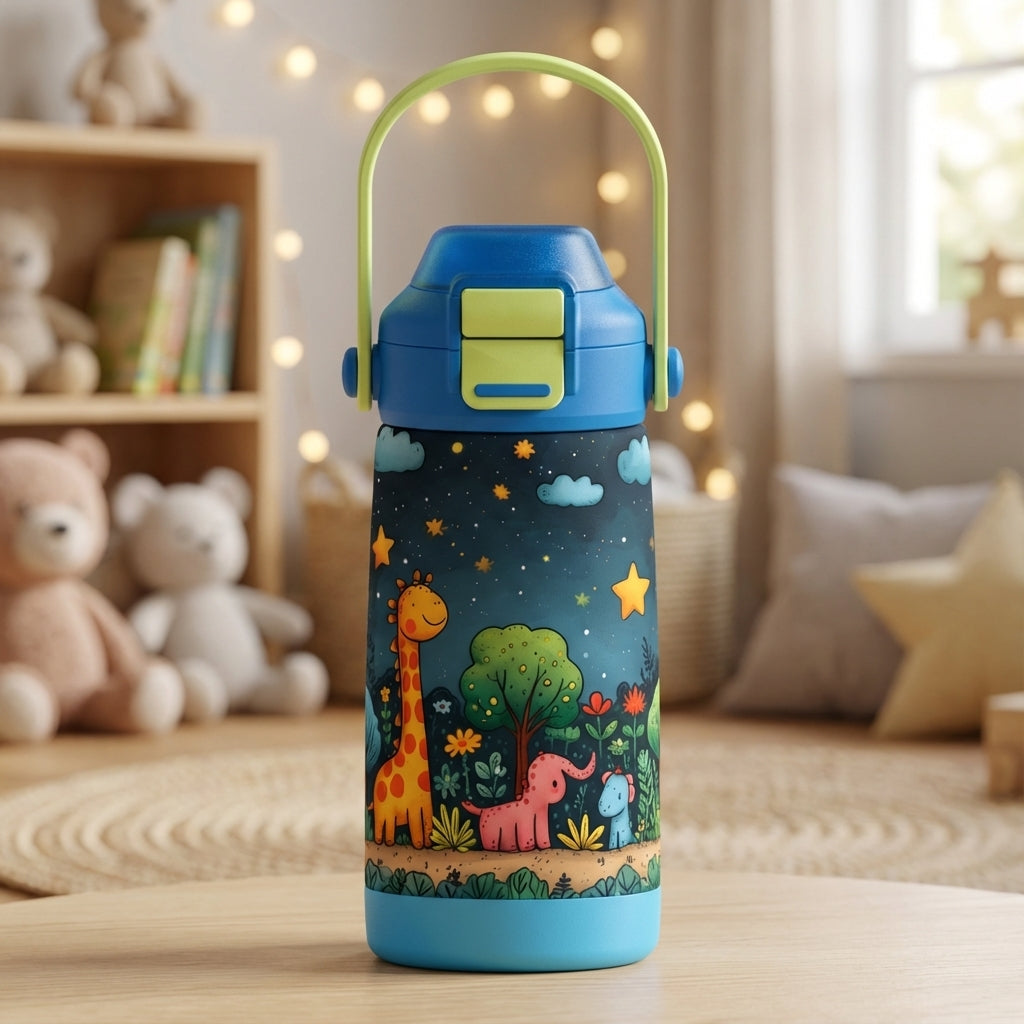 LAMOSE Goose 14 oz kids water bottle featuring a midnight blue background with illustrations of a giraffe, elephant, and stars under a night sky.