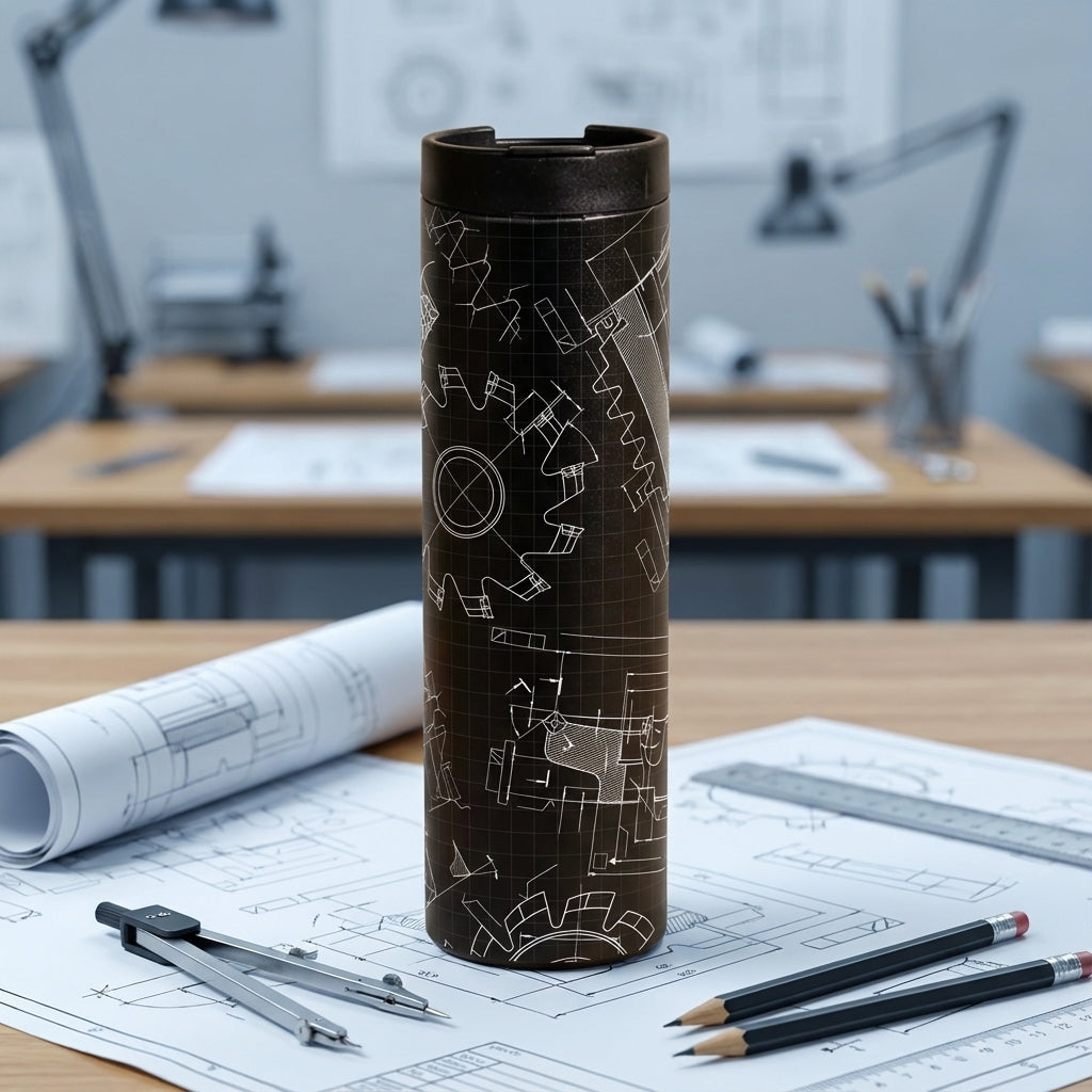 Black LAMOSE Grouse 20 oz insulated tumbler featuring white technical blueprint drawings of gears, schematics, and drafting tools.