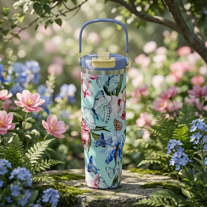 LAMOSE Cascade 40oz tumbler with light blue handle featuring a pattern of blue butterflies and pink flowers against a sky blue background.