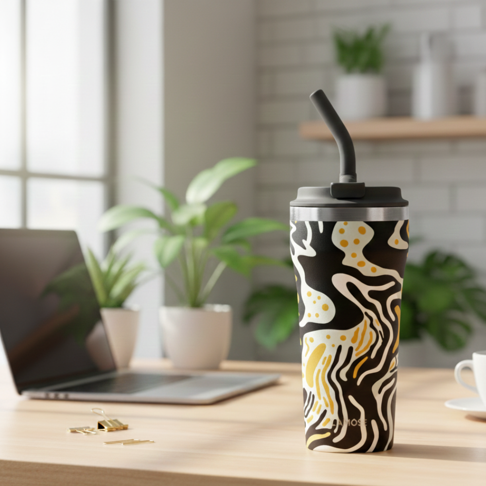 Black 16oz insulated tumbler with white and yellow abstract geometric pattern sitting on a modern wooden desk next to a laptop.