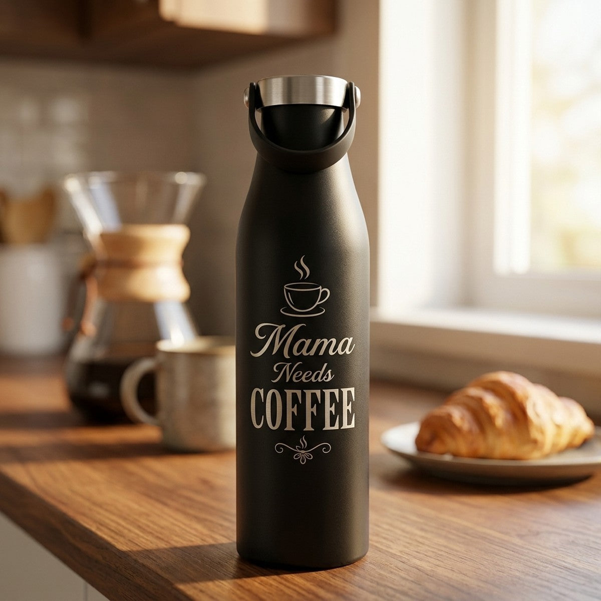 "Mama Needs Coffee" Funny Engraved Robson 21oz Insulated Bottle — Onyx — personalized Mother's Day gift engraved in Calgary, Canada