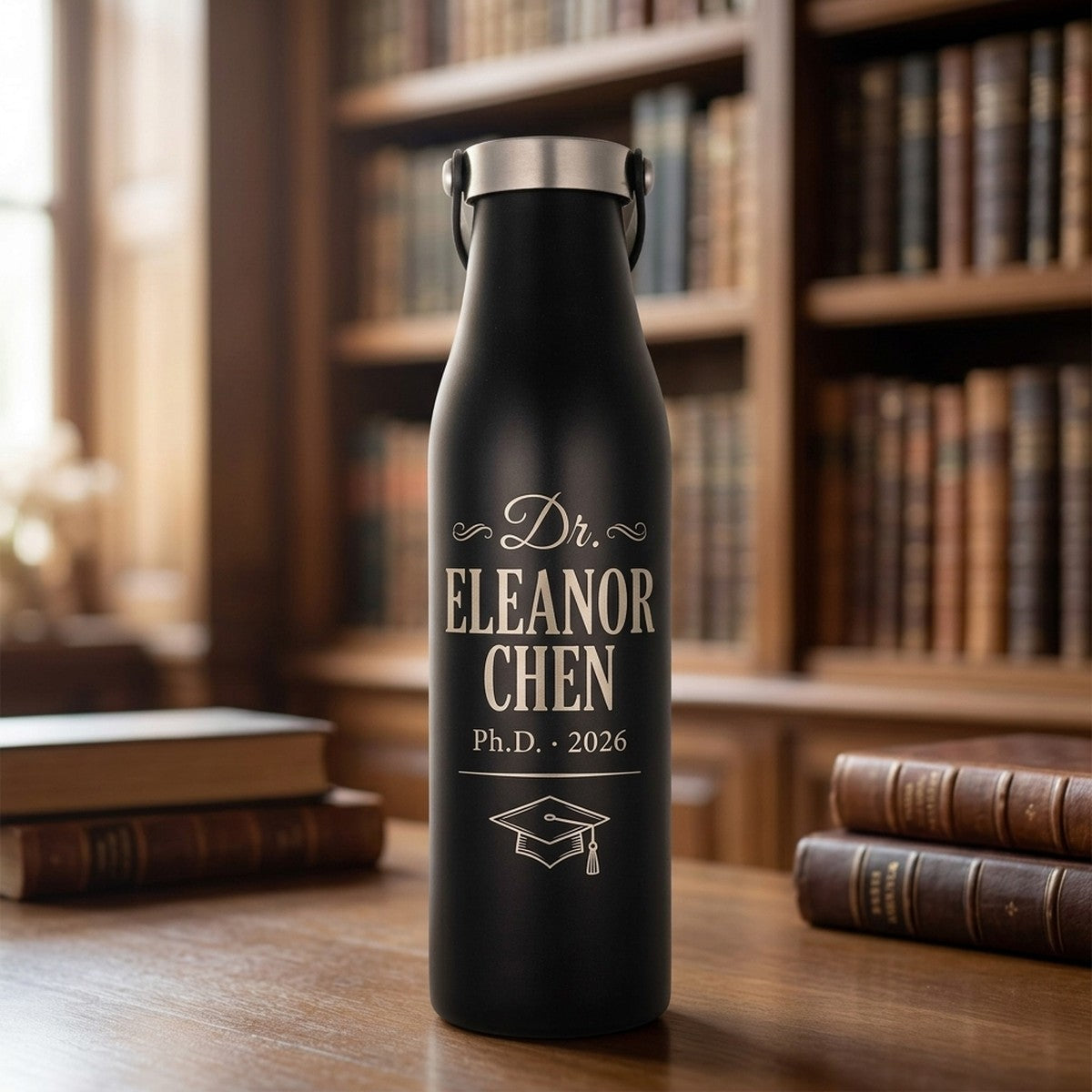 "Dr. [Name] Ph.D." Personalized PhD Graduation Robson 28oz Bottle — Onyx