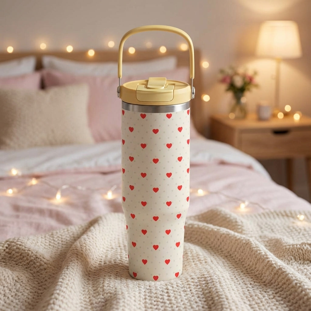 LAMOSE Cascade 40 oz insulated tumbler in cream white featuring a pattern of small red hearts and dots, with a pastel yellow handle and lid.